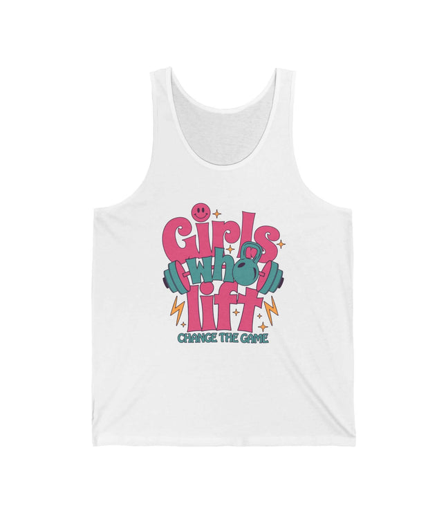 Girls Who Lift jersey tank top in white, perfect for gym workouts and fitness enthusiasts.