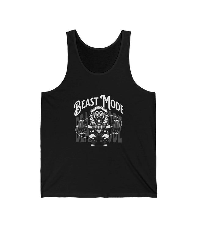 Black tank top with 'Beast Mode' graphic on a white background