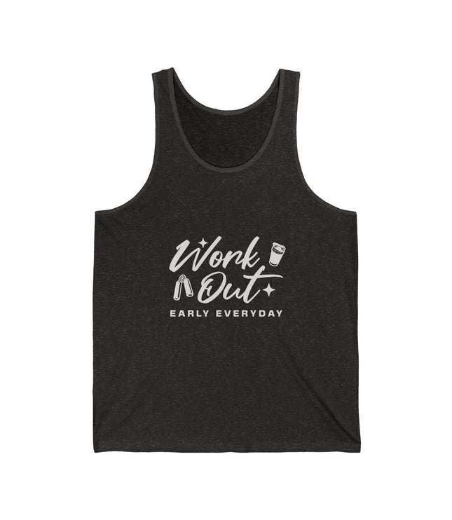 Black workout jersey tank top with 'Work Out Early Everyday' printed design in white.