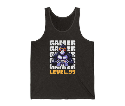 Charcoal Black tri-blend tank top with a graphic of a gorilla holding a controller and text 'Gamer Level 99' on a white background.