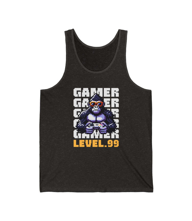 Charcoal Black tri-blend tank top with a graphic of a gorilla holding a controller and text 'Gamer Level 99' on a white background.
