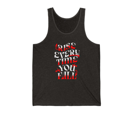 Rise Every Time You Fall Jersey Tank in dark fabric with motivational text design, perfect for casual wear.