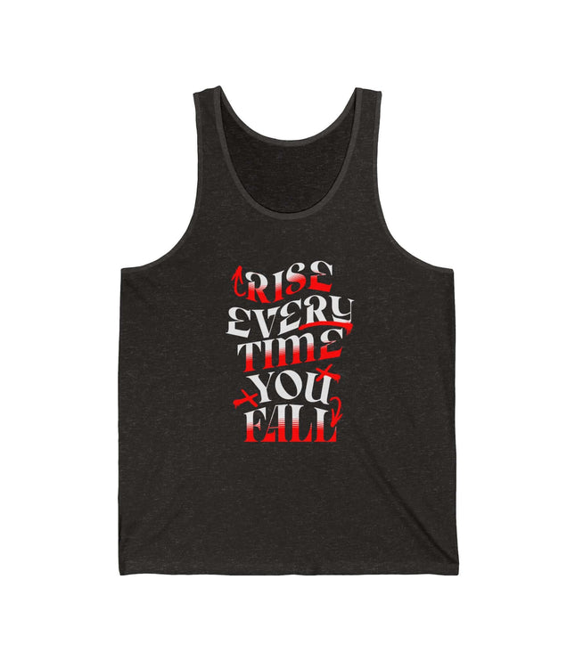 Rise Every Time You Fall Jersey Tank in dark fabric with motivational text design, perfect for casual wear.