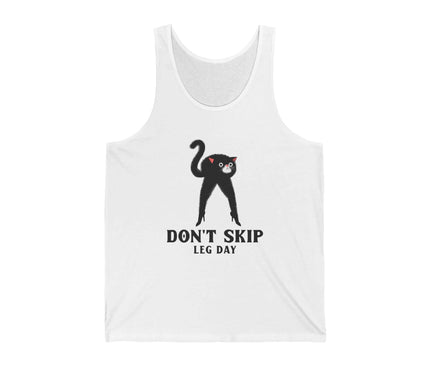 Don't Skip Leg Day jersey tank featuring a playful black cat design, perfect for gym and fitness enthusiasts.