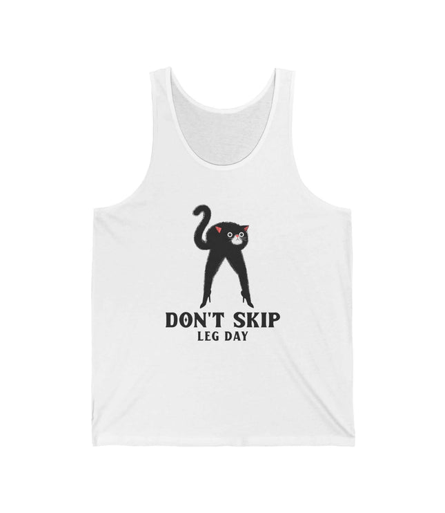 Don't Skip Leg Day jersey tank featuring a playful black cat design, perfect for gym and fitness enthusiasts.