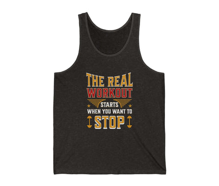 The Real Workout jersey tank top with inspiring quote about pushing limits, ideal for fitness enthusiasts.