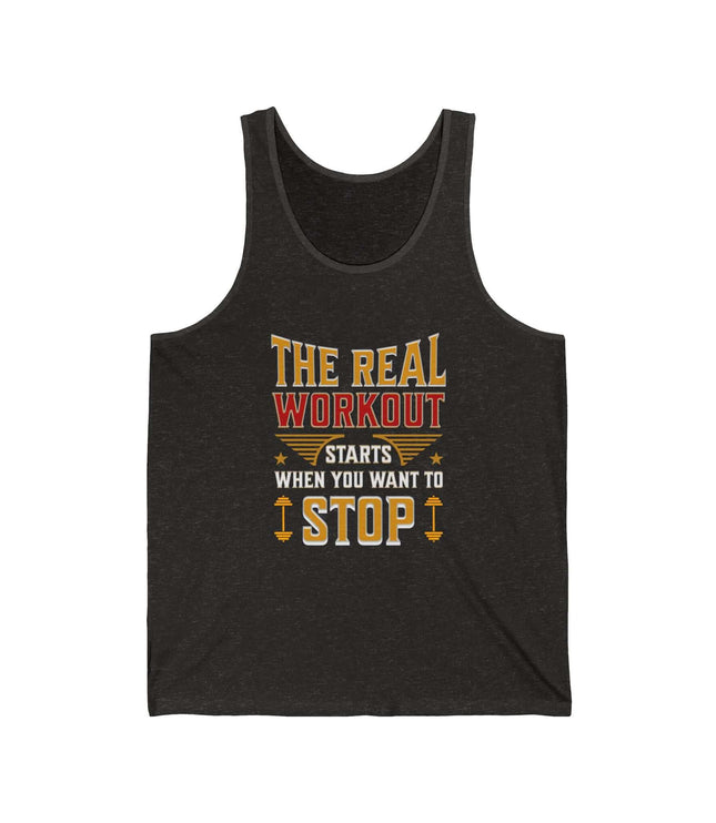 The Real Workout jersey tank top with inspiring quote about pushing limits, ideal for fitness enthusiasts.