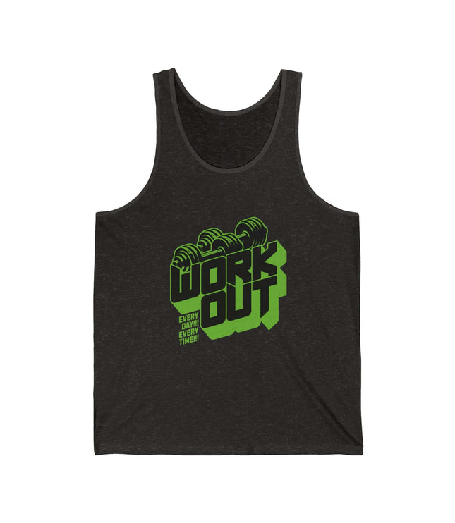 Workout jersey tank top in dark color featuring green graphic text, perfect for gym and fitness activities.
