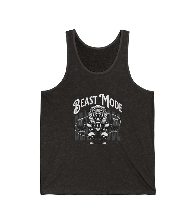 Charcoal Black Tri-Blend tank top with 'Beast Mode' graphic design on a white background