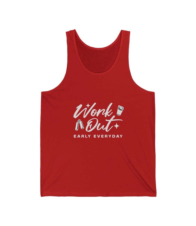 Red workout jersey tank top with 'Work Out Early Everyday' print, made of lightweight cotton for comfort.