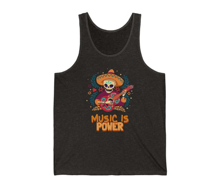 Black jersey tank top featuring a colorful design with the text 'Music Is Power', celebrating music and relaxation.