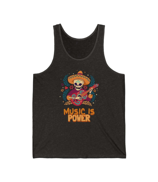 Black jersey tank top featuring a colorful design with the text 'Music Is Power', celebrating music and relaxation.