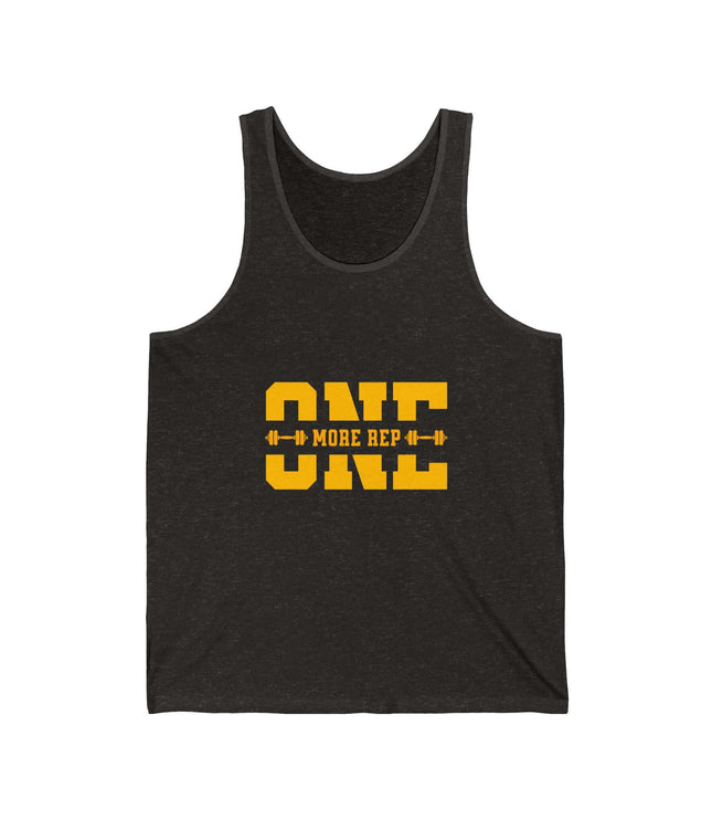 No One Rep Jersey tank top in charcoal gray, perfect for gym and fitness enthusiasts, featuring bold motivational print.