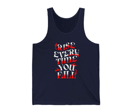 Rise Every Time You Fall jersey tank top in navy blue with bold graphic design.