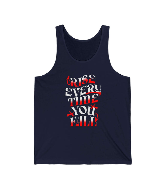 Rise Every Time You Fall jersey tank top in navy blue with bold graphic design.