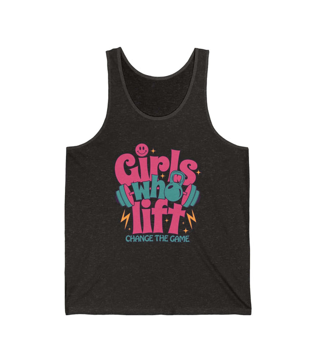 Girls Who Lift jersey tank top in dark fabric, perfect for gym and fitness enthusiasts.