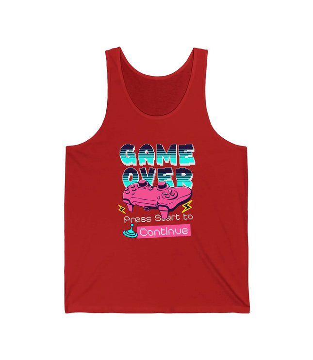 Red Game Over Jersey Tank for gamers, featuring a fun graphic and a comfy fit, perfect for geek culture.