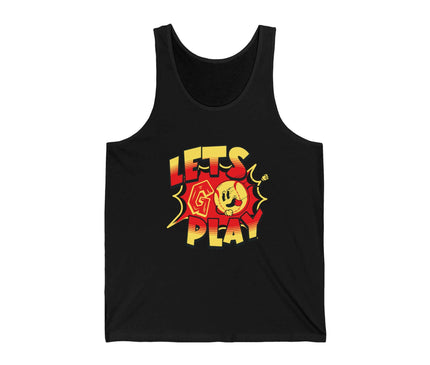 Lets Go Play graphic jersey tank top for gym and fitness, unisex retail fit in black.
