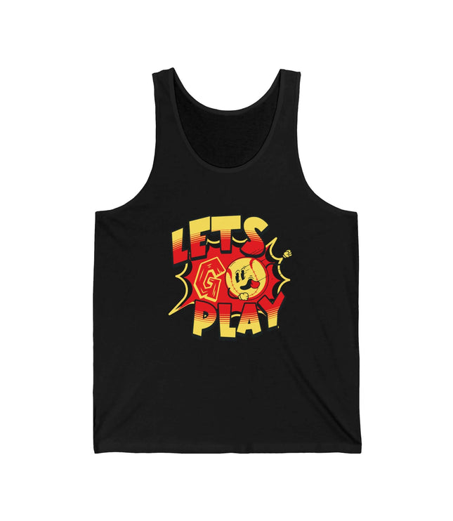 Lets Go Play graphic jersey tank top for gym and fitness, unisex retail fit in black.