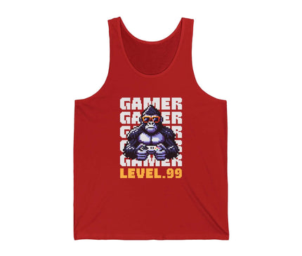 Red tank top with a graphic of a gorilla holding a game controller and text 'Gamer Level 99' on a white background.