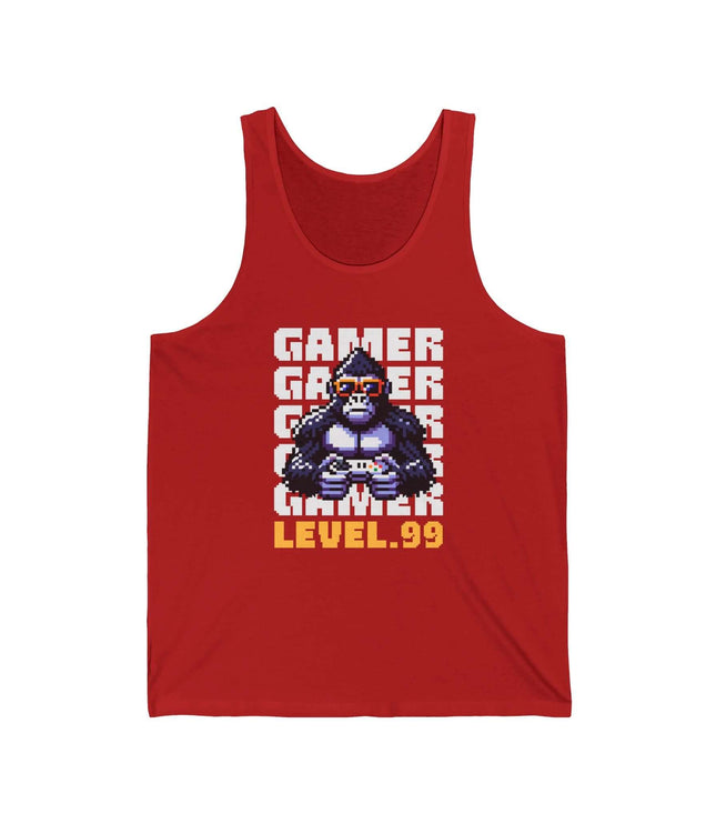 Red tank top with a graphic of a gorilla holding a game controller and text 'Gamer Level 99' on a white background.