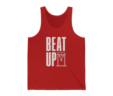 Beat Up Jersey Tank in red, perfect for gym or fitness activities. Comfortable and lightweight design for optimal performance.
