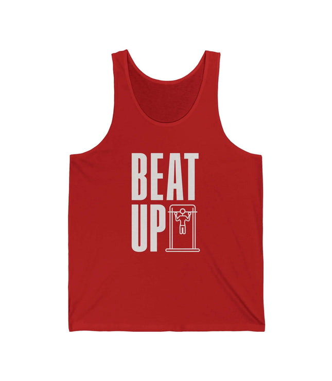 Beat Up Jersey Tank in red, perfect for gym or fitness activities. Comfortable and lightweight design for optimal performance.