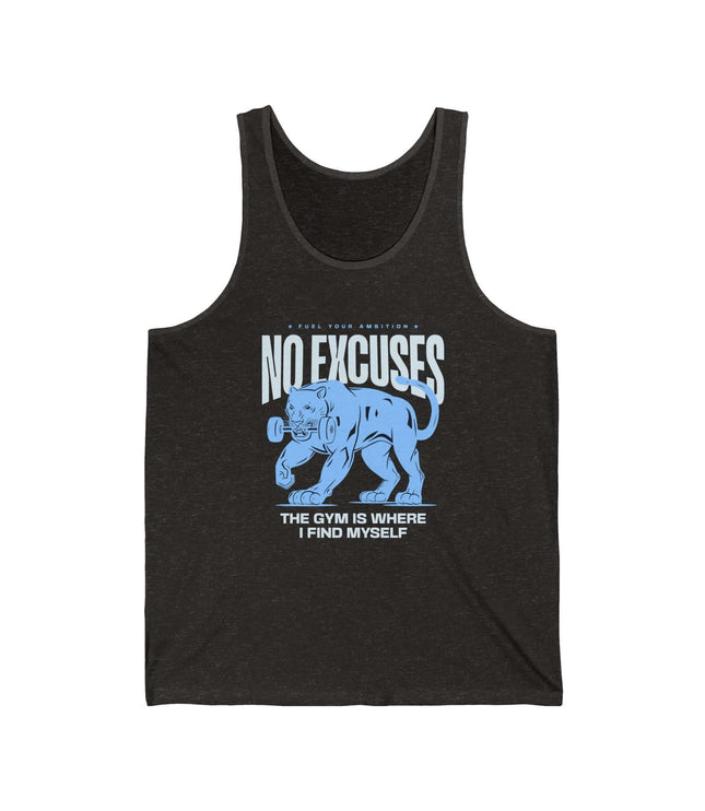 No Excuses jersey tank top for gym and fitness, unisex design, featuring a motivational lion graphic.