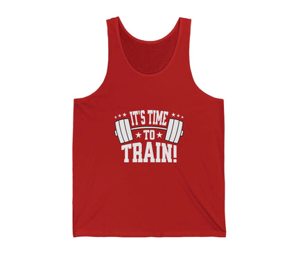 Red jersey tank top with graphic text 'It's Time To Train!' perfect for gym and fitness activities, unisex fit.
