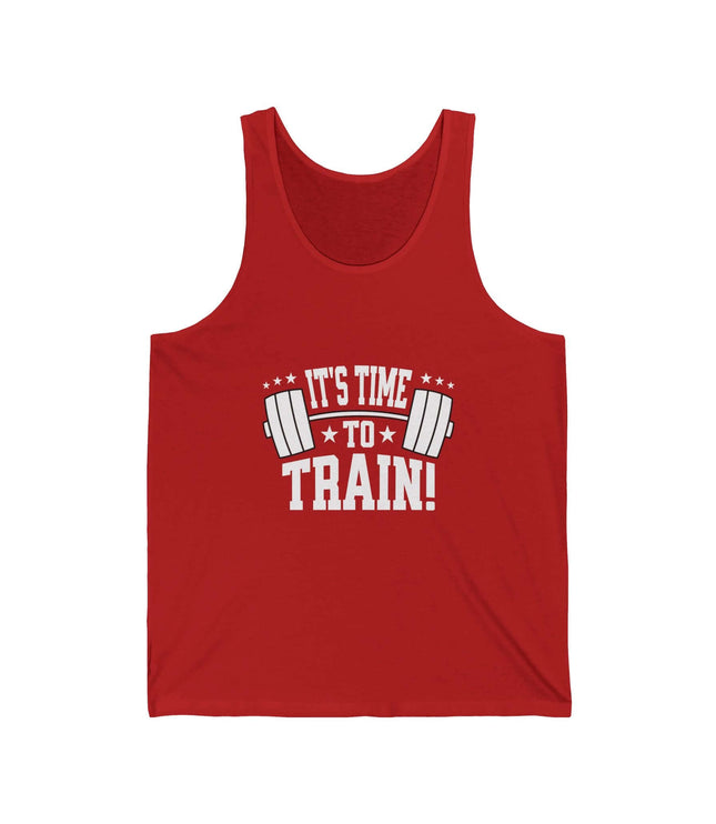Red jersey tank top with graphic text 'It's Time To Train!' perfect for gym and fitness activities, unisex fit.