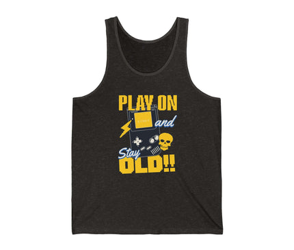Play On Jersey Tank featuring playful graphics and text, ideal for casual wear and gaming enthusiasts.