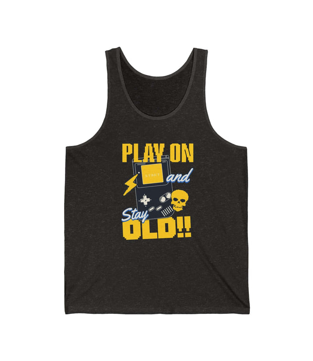 Play On Jersey Tank featuring playful graphics and text, ideal for casual wear and gaming enthusiasts.