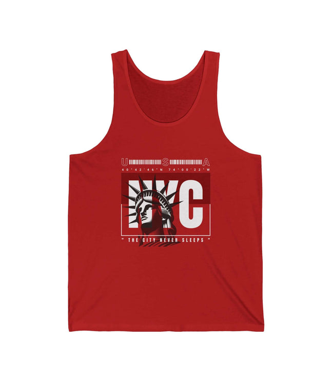 NYC jersey tank top in red featuring the Statue of Liberty, unisex retail fit, perfect for casual wear.
