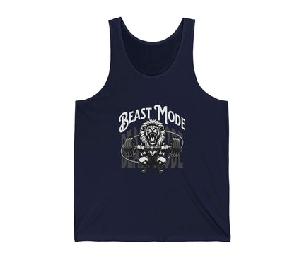 Navy tank top with 'Beast Mode' graphic design on a white background