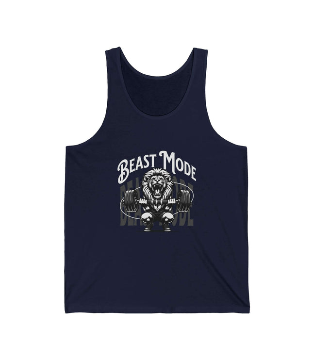 Navy tank top with 'Beast Mode' graphic design on a white background
