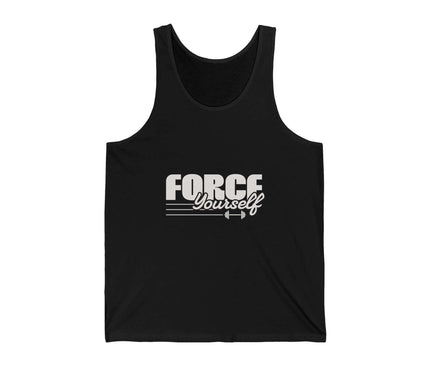 Force Yourself jersey tank top in black, perfect for gym and fitness activities, made from soft, lightweight cotton.