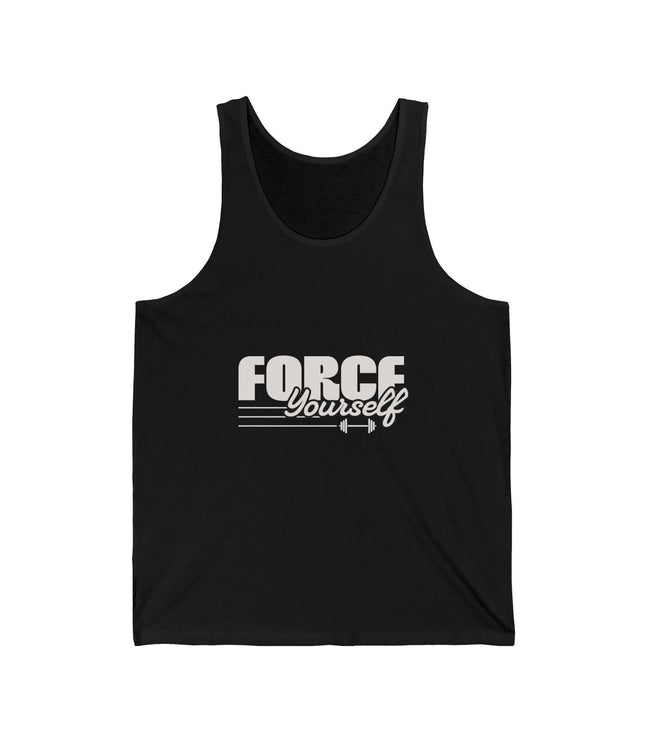 Force Yourself jersey tank top in black, perfect for gym and fitness activities, made from soft, lightweight cotton.