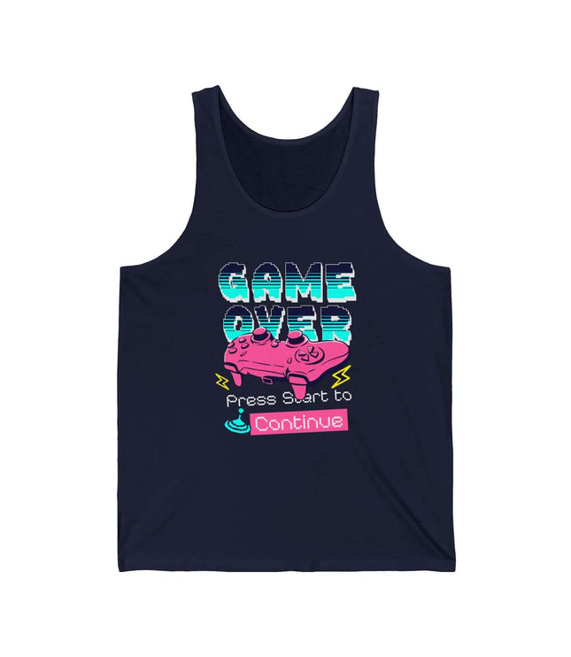 Game Over Jersey Tank top for gamers featuring retro design, perfect for geeks and casual wear.