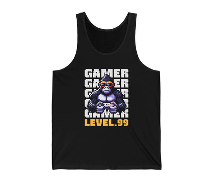 Black tank top with a graphic of a gorilla holding game controllers and text 'Gamer Level 99' on a white background.