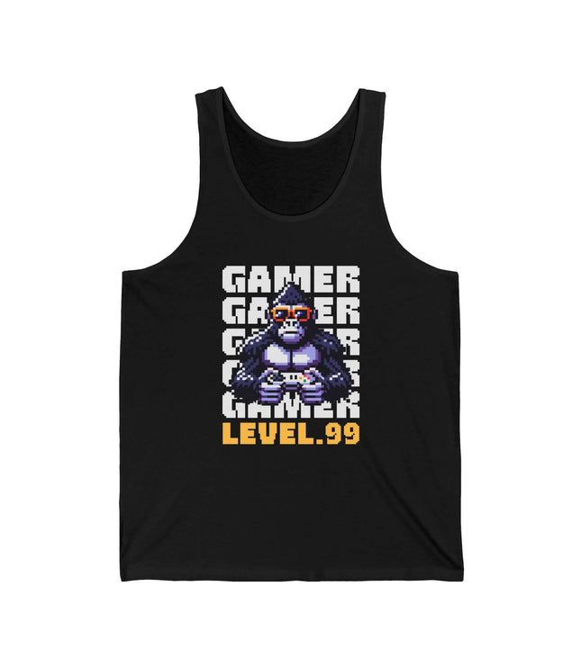 Black tank top with a graphic of a gorilla holding game controllers and text 'Gamer Level 99' on a white background.