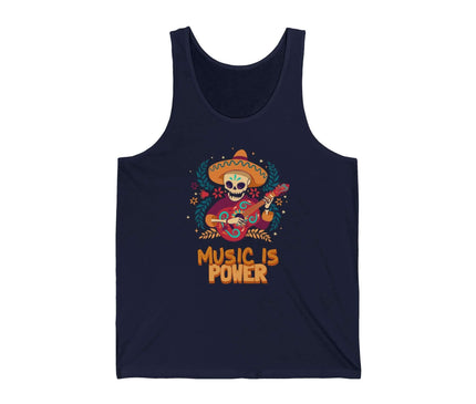Navy jersey tank top featuring a colorful design with the text 'Music Is Power', celebrating music and relaxation.