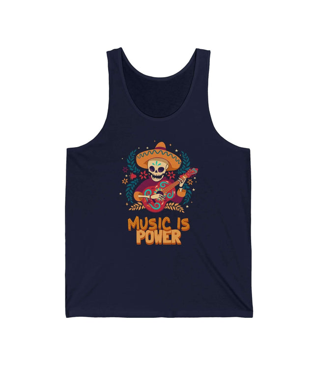 Navy jersey tank top featuring a colorful design with the text 'Music Is Power', celebrating music and relaxation.