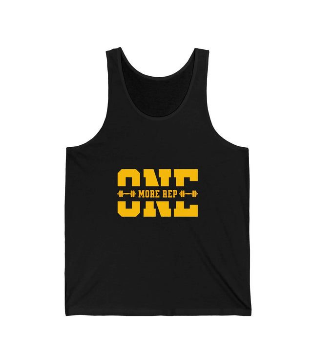 Black jersey tank top with 'ONE MORE REP' slogan, perfect for gym and fitness enthusiasts.
