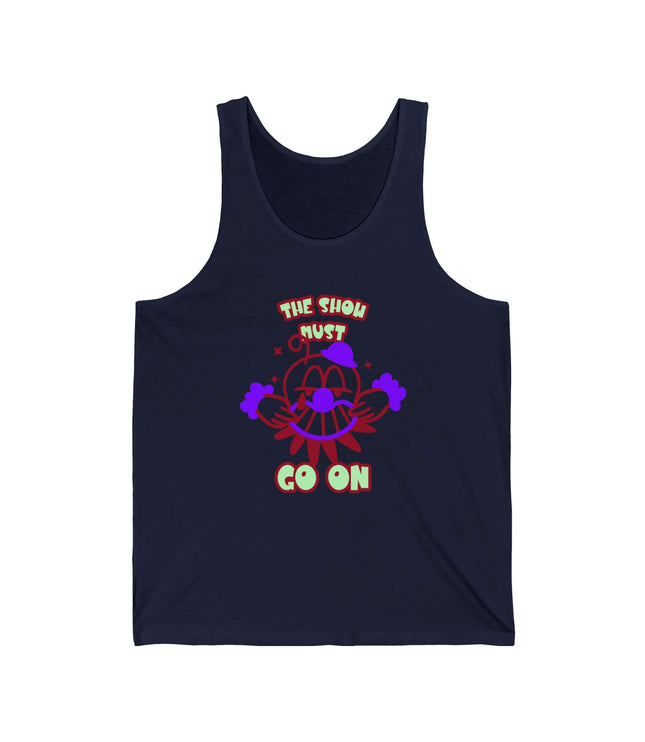 This Show Must Go Jersey Tank top in navy, featuring colorful graphic and comfy fit for a casual look.