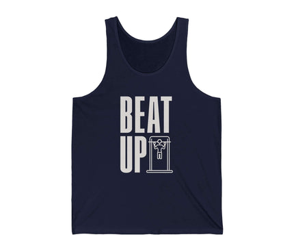 Beat Up jersey tank top in navy for gym and fitness, featuring bold graphics and a comfortable fit.