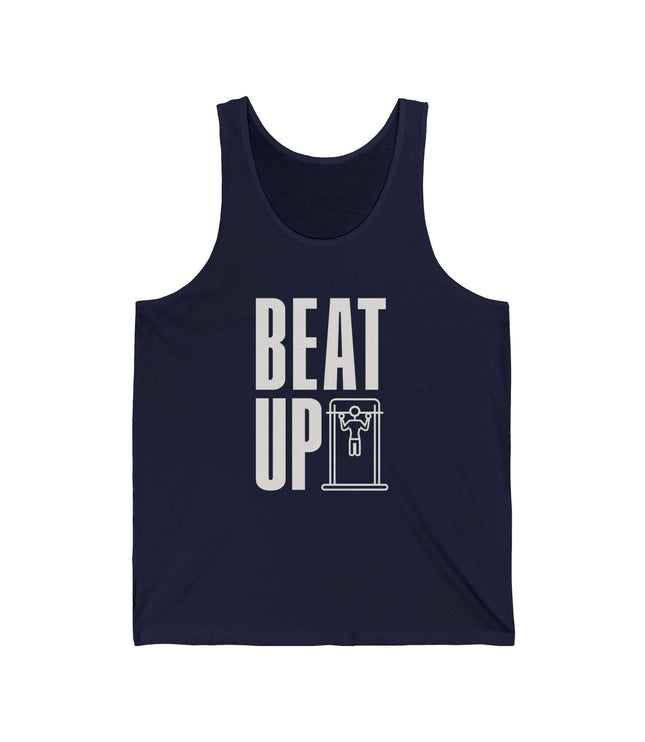 Beat Up jersey tank top in navy for gym and fitness, featuring bold graphics and a comfortable fit.