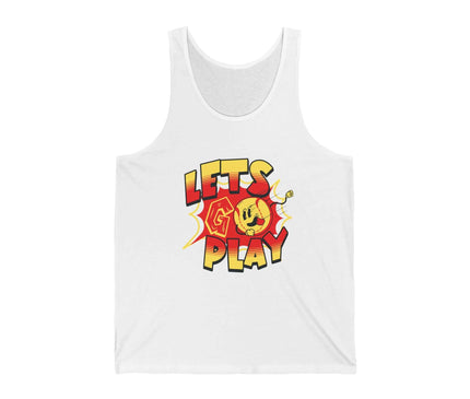 Lets Go Play graphic jersey tank top for gym and fitness, unisex fit, made from soft Airlume cotton.