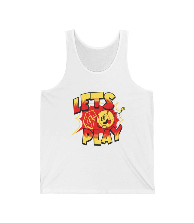 Lets Go Play graphic jersey tank top for gym and fitness, unisex fit, made from soft Airlume cotton.