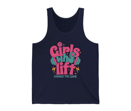 Girls Who Lift jersey tank top in navy, ideal for gym and fitness enthusiasts, featuring vibrant graphic design.