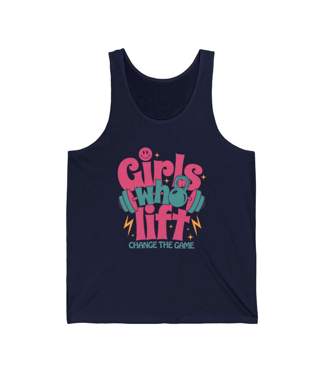 Girls Who Lift jersey tank top in navy, ideal for gym and fitness enthusiasts, featuring vibrant graphic design.